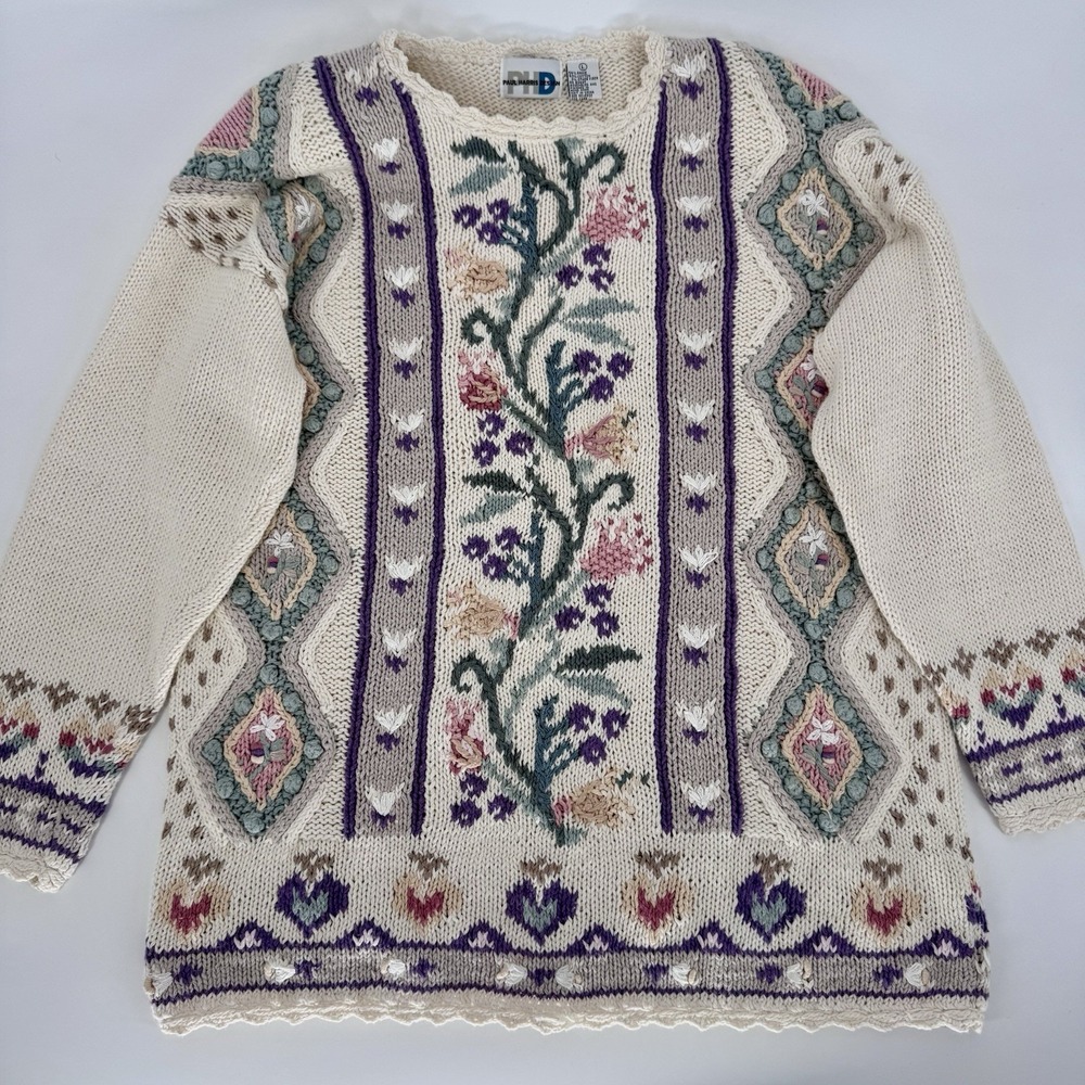 Vintage 90s Cottagecore Floral Tunic Sweater | Embroidered‎ Boho Granny Core L